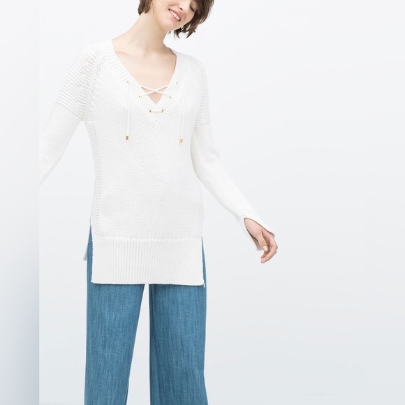 ZARA KNIT WOMENS ITALIAN YARN SWEATER  CHUNKY KNIT LACE UP - Picture 4 of 8